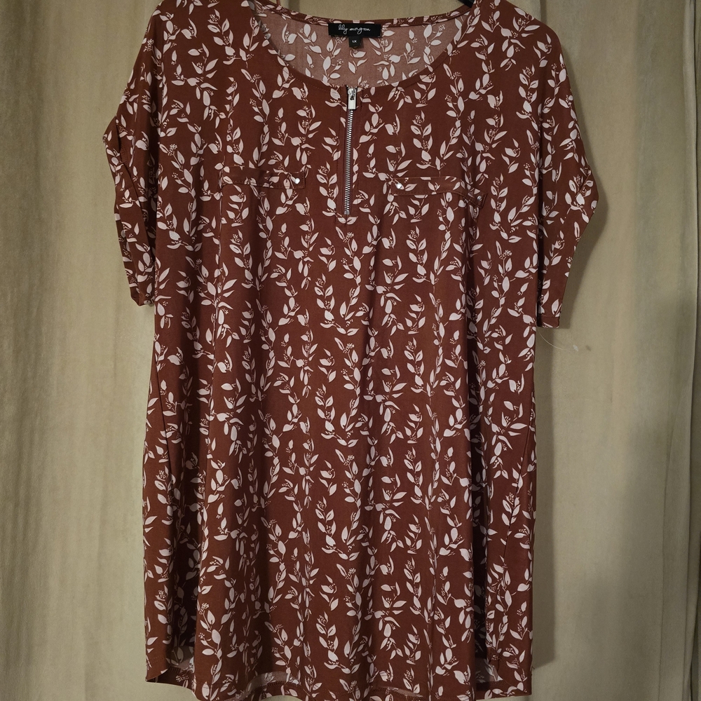 Lily Morgan Plus Size 1X Rust Floral Half-Zip Tunic Top